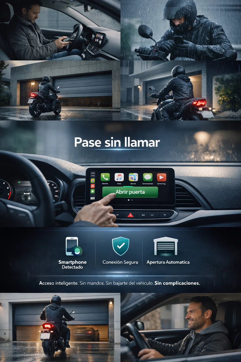 Collage de uso de Pase sin llamar con coche, moto y apertura desde pantalla
